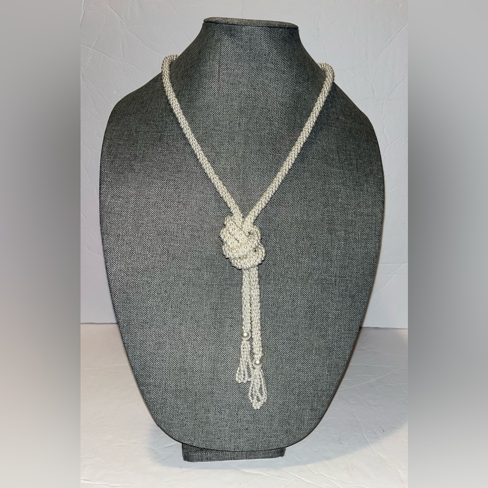 Vintage Faux Braided Beaded Pearl Lariat Necklace with Tassels